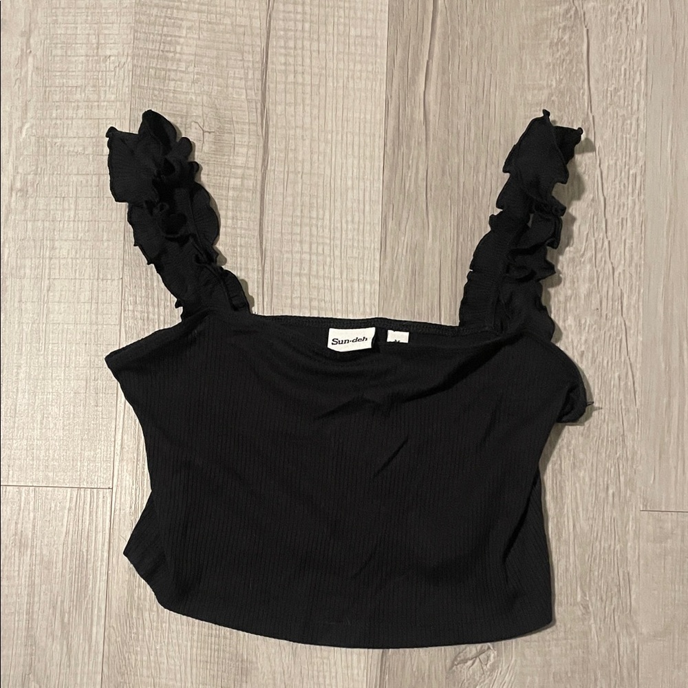 Sleek Black Ruffle Strap Crop Top